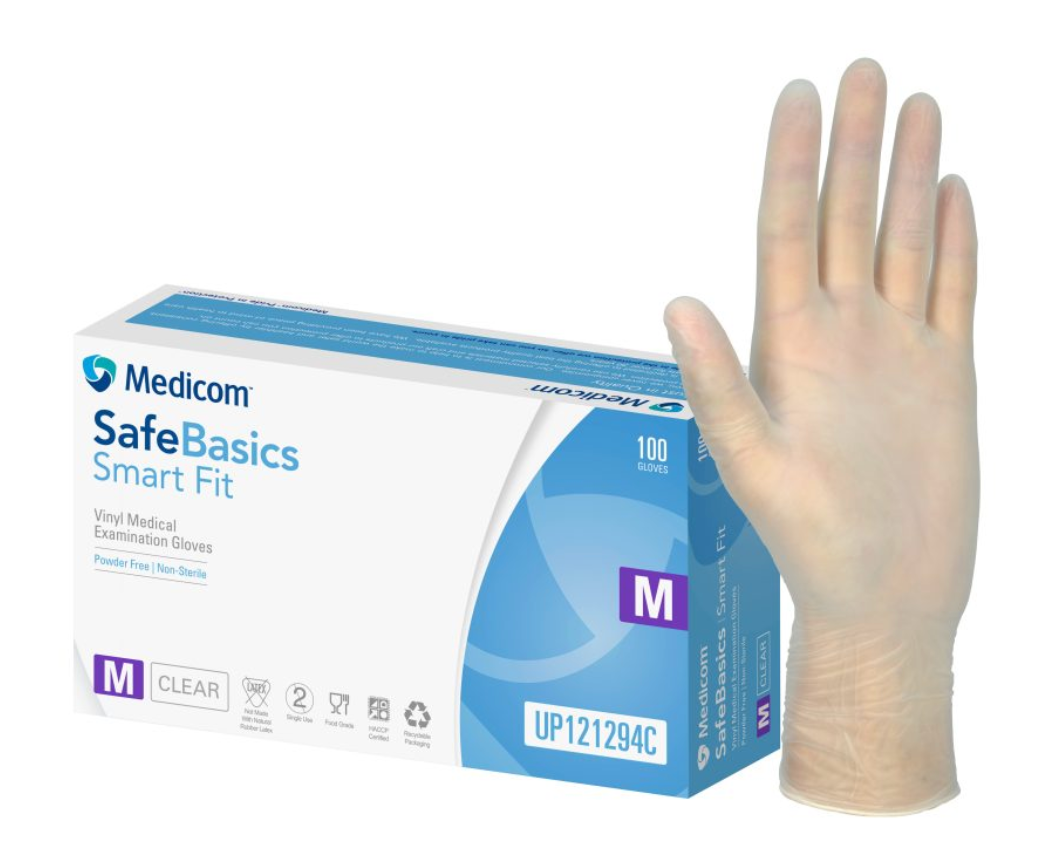 Medicom Safebasic Clear vinyl PF Exam Gloves Powder Free - Ctn of 10 boxes