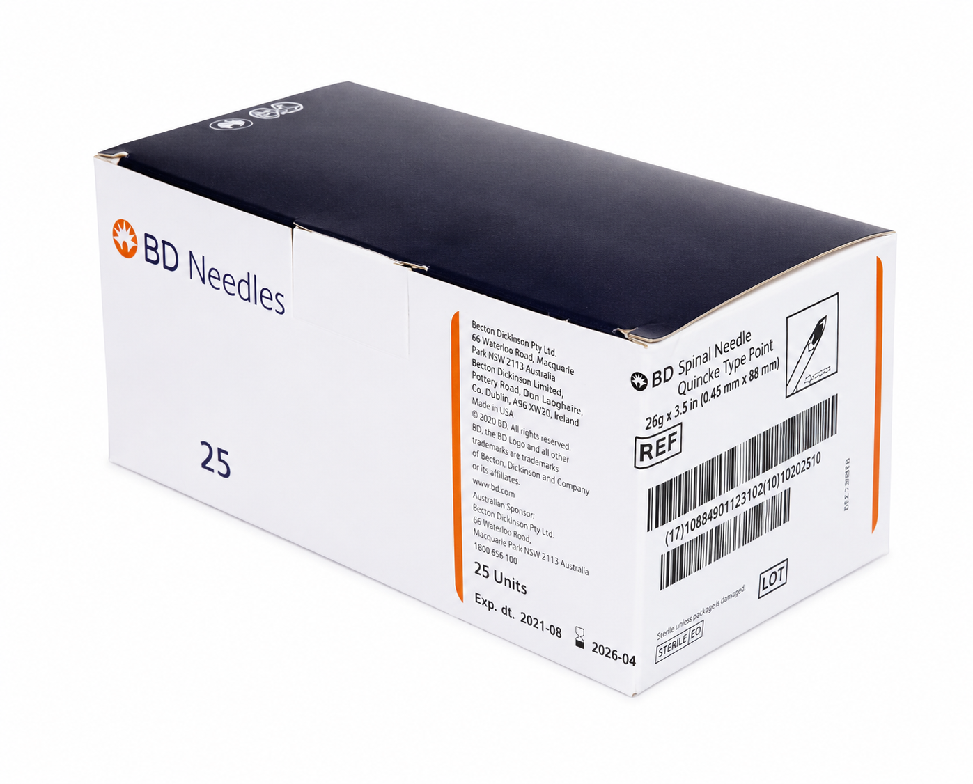BD Quincke Spinal Needle - 25G x 3" 75mm- Orange - (25) Box