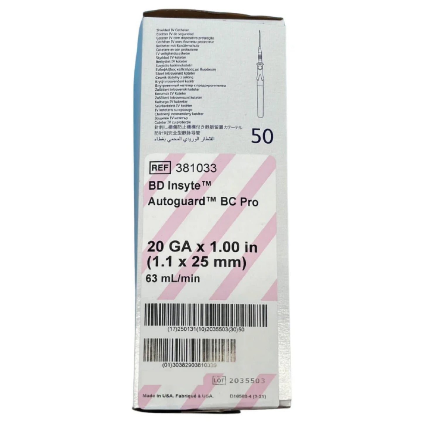 BD Insyte Autoguard Cannula BC Pro 20 G x 1.0 in Pink (box of 50)