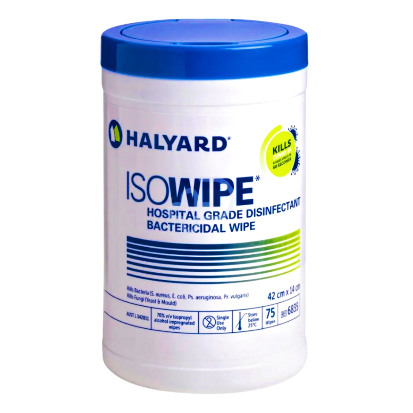 HALYARD ISOWIPE BACTERICIDAL HOSPITAL GRADE DISINFECTANT WIPE 6835 - 75/TUB